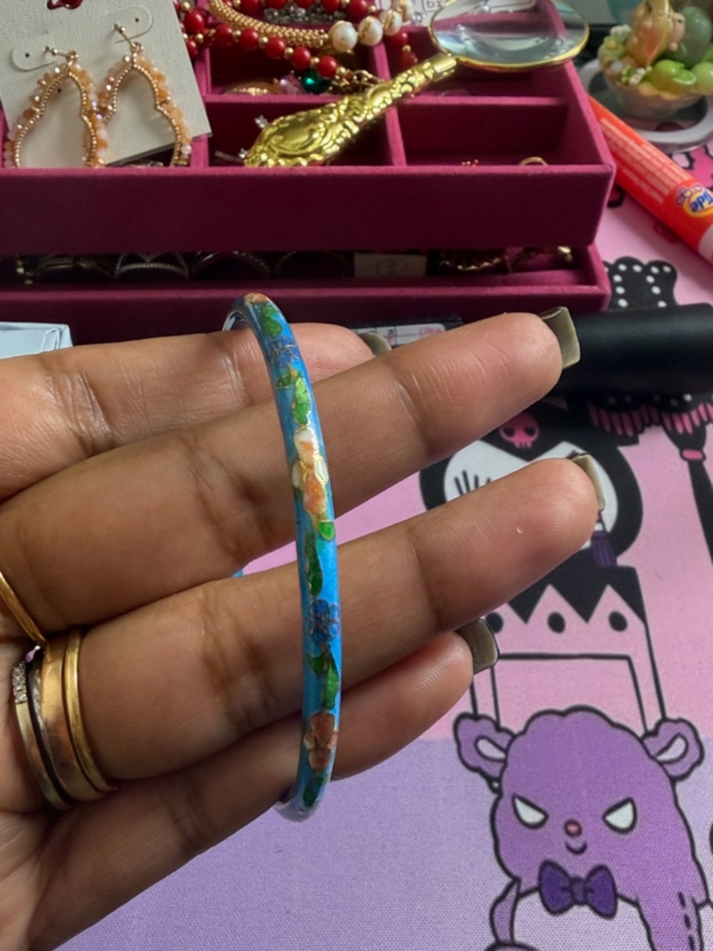Cloisonne Blue Floral Bangle Bracelet